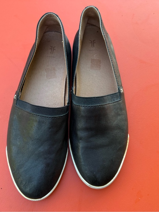 Frye Shoes - Frye Black Leather Slip-On Flats with White Trim